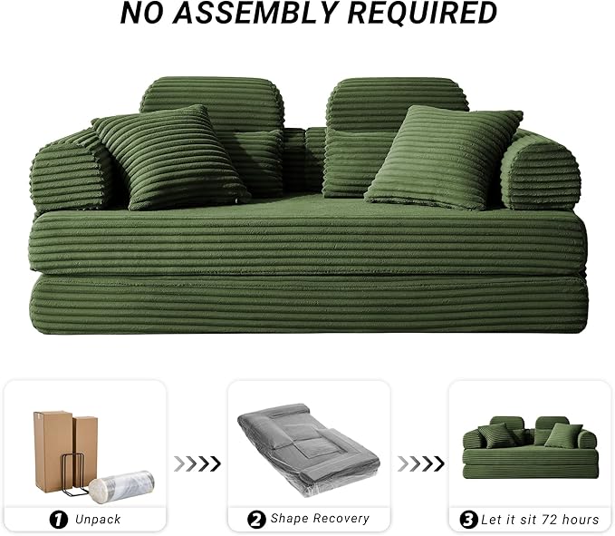 79 Boneless Couch with High Backrest Headrest Comfy Modular Foldable Floor Sleeper Sofa 5-in-1 Convertible Sofa Bed for Living Room Bedroom Lounge Studio Light Green