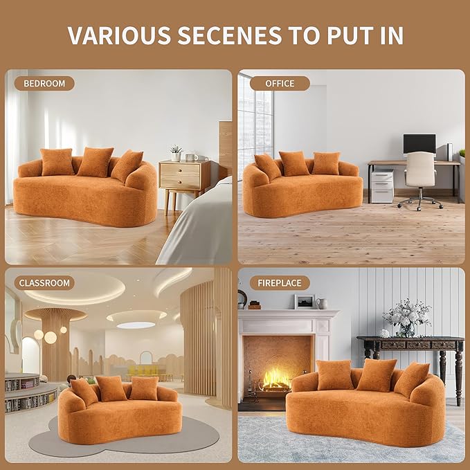 65 Curved Loveseat Sectional Sofa for Living Room Modern Plush Chenille Cloud Round Deep Seat Compressed Boneless Couch with 3 Throw Pillows for Small Apartment No Assembly Needed Orange