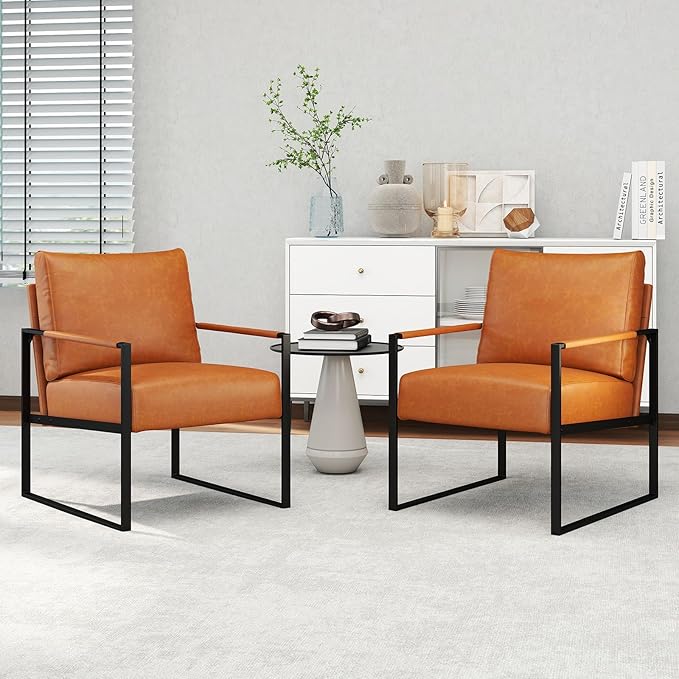CANMOV Mid Century Modern Accent Chair PU Leather Armchair with Metal FrameComfy Single Reading Chair with Soft Padded Backrest and Cushion for Living Room BedroomReading RoomOfficeBrown