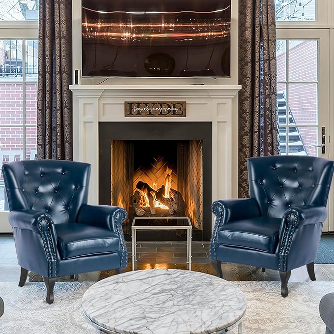 MOJAY PU Leather Accent Chair Mid-Century Modern Armchair Living Room Club Chair with Tufted Button &amp Rivet Trim Upholstered Sofa Chair with Sturdy Wood Legs for Bedroom (Navy)