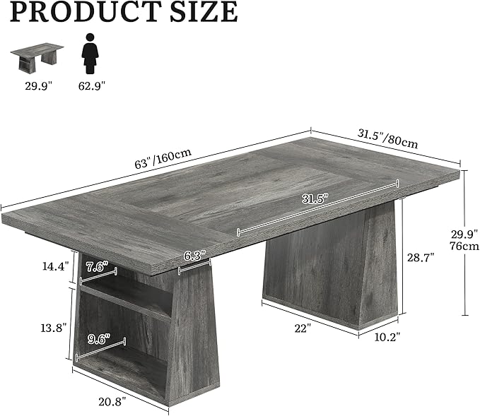 YITAHOME 63 Executive Desk Large Office Desk Computer Desk with Double Pedestal and Storage Shelves Wood Simple Workstations Writing Table Conference Table Business Furniture for Home Office Grey