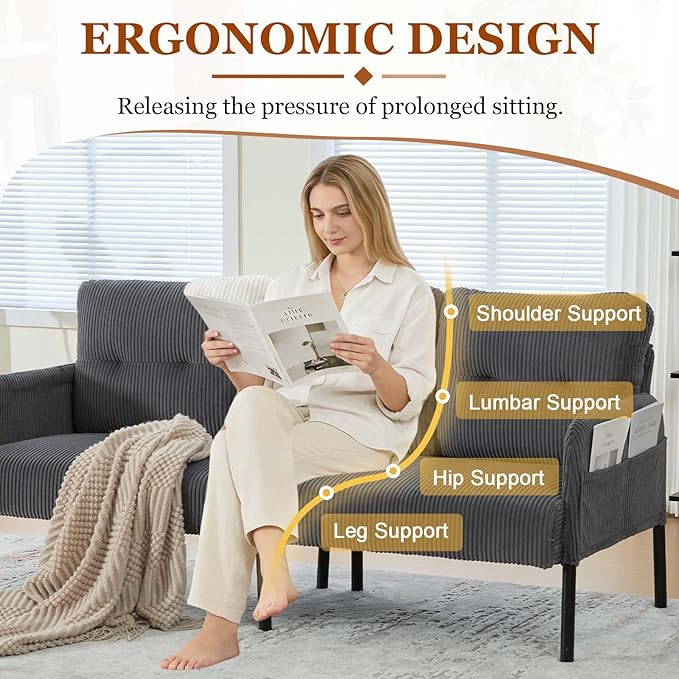 Loveseat Sofa 67” Small Sofa Couch for Living Room Comfy Corduroy Fabric Love Seat for Bedroom with Throw PillowRemovable Cushion CoverCouches for Small SpaceApartmentDorm (Gray)