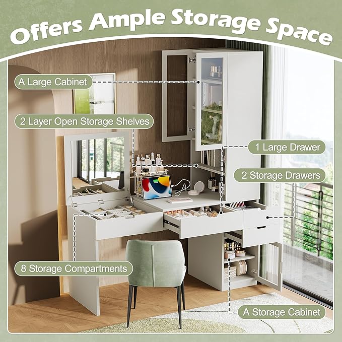 2-in-1 L-Shape Home Office Desk with Flip-top Mirror and Charging Station Studry Table with Hutch Computer Desk with 3 Drawers 8 Hidden Storage 2 Cabinets and Open Shelves (White)