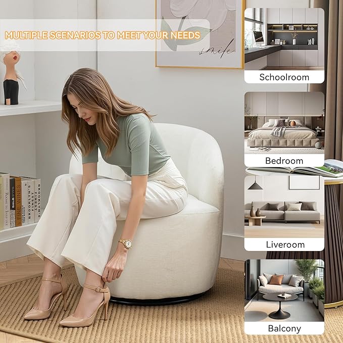 360 Degree Swivel Accent Chair Modern Barrel Vanity Chair with Back Comfy Single Circle Couch for Living Room Bedroom Reading Nook (Chenille White)