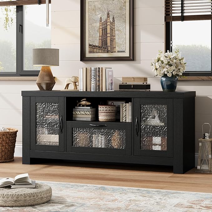 IDEALHOUSE TV Stand for 65 Inch TV Farmhouse Entertainment Center with Acrylic Door Storage Cabinet &amp Adjustable Shelves TV Console Table for Living Room Bedroom Black