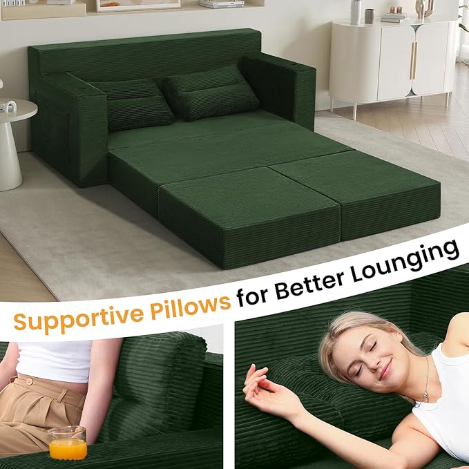COMAX Futon Sofa Bed Boneless Loveseat Couch in A Box 67 L-Shaped Convertible Sofa Bed Corduroy for Living Room Fold Out Small Foldable Loveseat Foam with Movable Ottoman Floor Sleeper Green