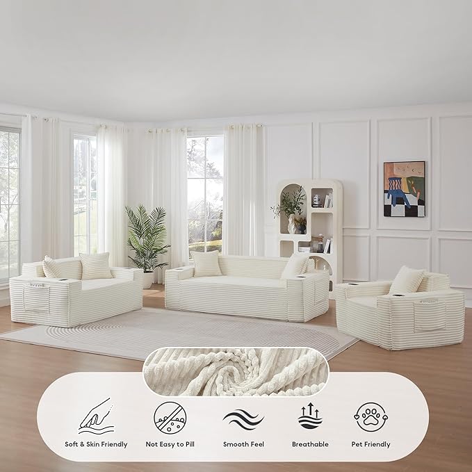 Boneless Sectional Sofa 3 Piece Set with Cup Holders &amp Side Pockets Modern Corduroy Fabric Deep Seat Cloud Couch Living Room Office No Assembly (White)