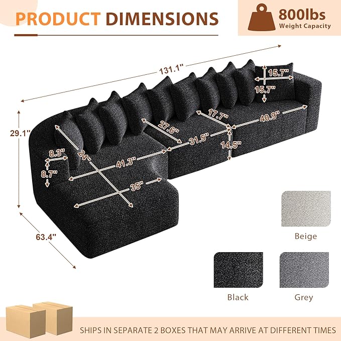 131” Oversized L Shaped Couch Corner Curved Modular Sectional Sofa with 10 Pillows Cloud Chenille Deep Seat No Assembly Required for Living Room Left Chaise Black