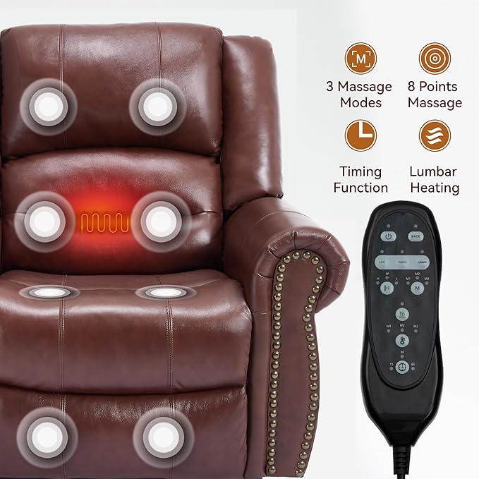 Genuine Leather Power Lift Recliner Chair Lazy Boy Recliner Chair with Charging Ports for Living Room Theater Seating Electric Single Sofa with Round Armrest Red