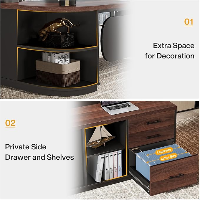 Tribesigns 80'' L-Shaped Desk Large Executive Office Desk with 55'' Drawers Cabinet Modern Computer Table with Storage Shelves Business Furniture for Home Office Walnut &amp Black