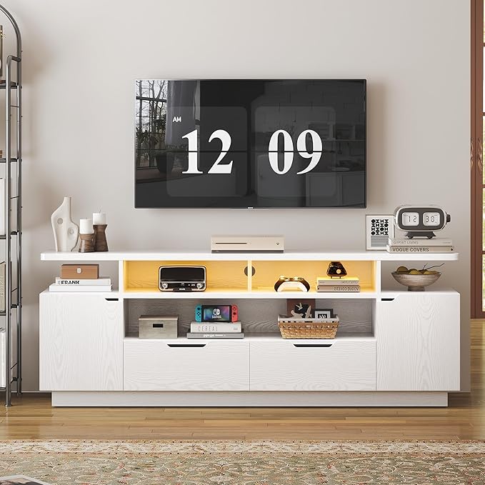 IRONCK TV Stand for TVs 85 inch with Power Outlet and LED Lights Entertainment Center with Storage Cabinets Media TV Console with Drawers Modern TV Stand for Living Room White