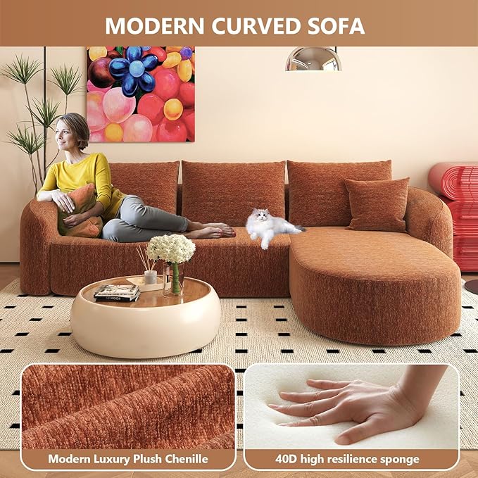 111 L Shaped Modern Modular Sectional Curved Sofa Minimalist Style Comfy Cloud Couch for Living Room Apartment No Assembly Required Boneless Couches (OrangeRight Facing Chaise)