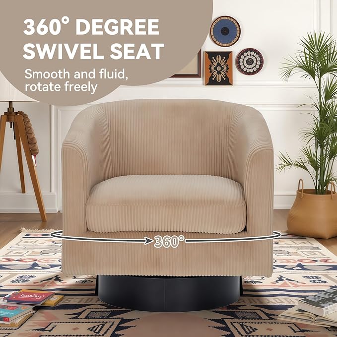 Swivel Accent Chair 360°Swivel Barrel Chair Comfy Upholstered Corduroy Club Armchair for Living Room Reading Room Bedroom (Light Brown)