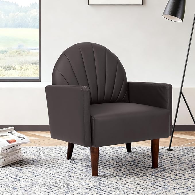 Mid-Century Accent Chairs PU Leather Modern Upholstered Living Room Chair Cozy Armchair Button Tufted Back and Wood Legs for Bedroom Office Cafe (Dark Grey)