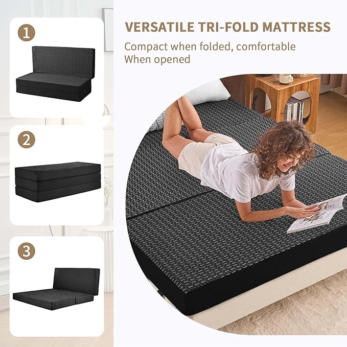 CYMULA Folding Mattress Queen Size Memory Foam 6 inch Tri Portable Trifold Mattress Futon Topper Queen with Breathable &amp Washable Cover Murphy Bed Guest BedBlack (58x75x6)