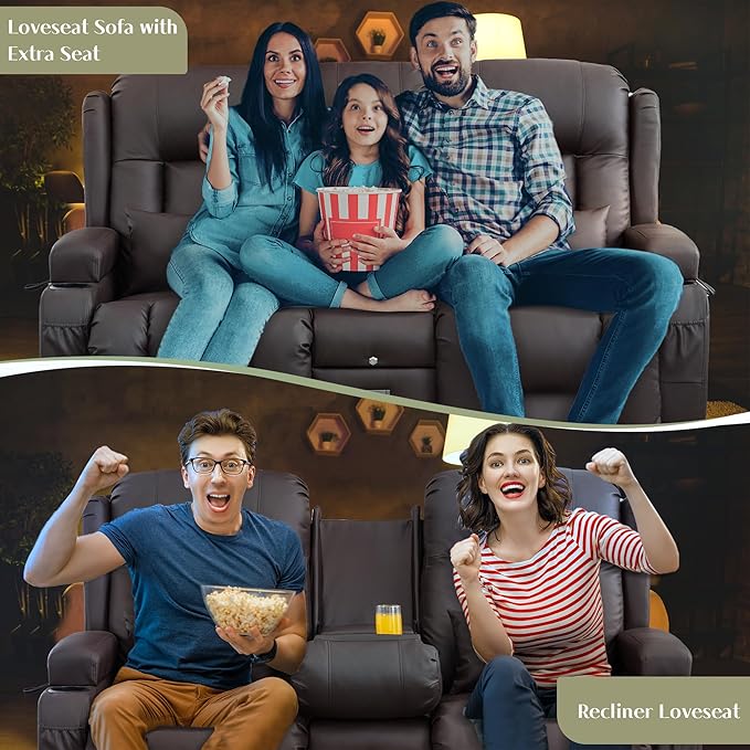 TUNYI Power Loveseat Recliner Sofa Faux Leather Reclining Sofa with Console RV Reclining Loveseat Couch with USB/Outlet/Storage/Side Pocket/LED Light/Speaker (Brown Loveseat)