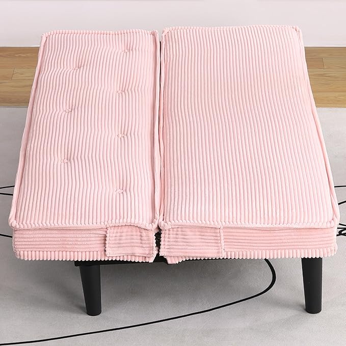 66” Armless Corduroy Sofa Bed 2-in-1 Convertible Sleeper Sofa with Tufted Back Soft Skin-Friendly Fabric Small Futon for Apartments Living Room Bedroom (Pink)