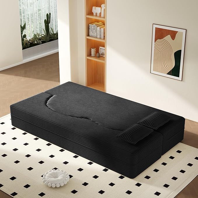 78” Corduroy Floor Sleeper Sofa Bed Modern 2 in 1 Full Size Foldable Mattress with 2 Pillows Convertible Boneless Couch with Deep Seat for Living Room No Assembly Required (Black) | No Assembly Req