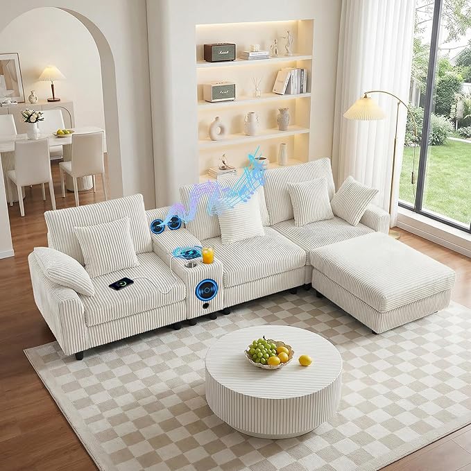 114 Corduroy L-Shaped Sectional Sofa w/Speakers &amp USB Charging Comfy Reclining Deep Seat Couch w/Ottoman Cup Holders for Living Room Home Theater (Beige 114in)
