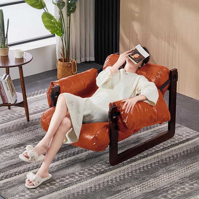 Furnilivng Modern Lounge Accent Chair Comfortable Oil Waxed Leather Arm Chair with Sturdy Wood Frame Upholstered Cozy Sofa Chair for Living Room Bedroom Dressing Room Home Office Retro Orange