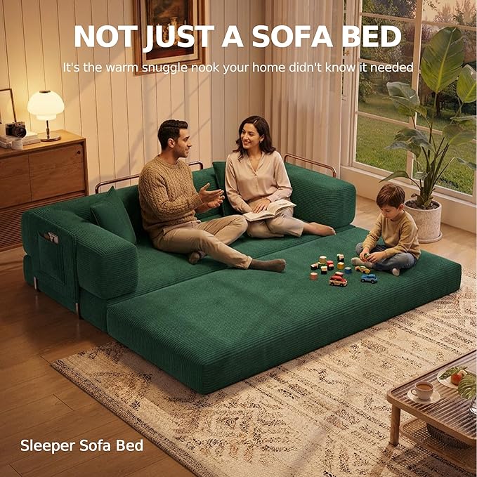 MoonSpeak 78.8''Sleeper Couch Bed for LivingroomConvertible Modular Sofa with Armrest PillowModular Foldable Corduroy Couches in a BoxNo Assembly (Emerald Green)