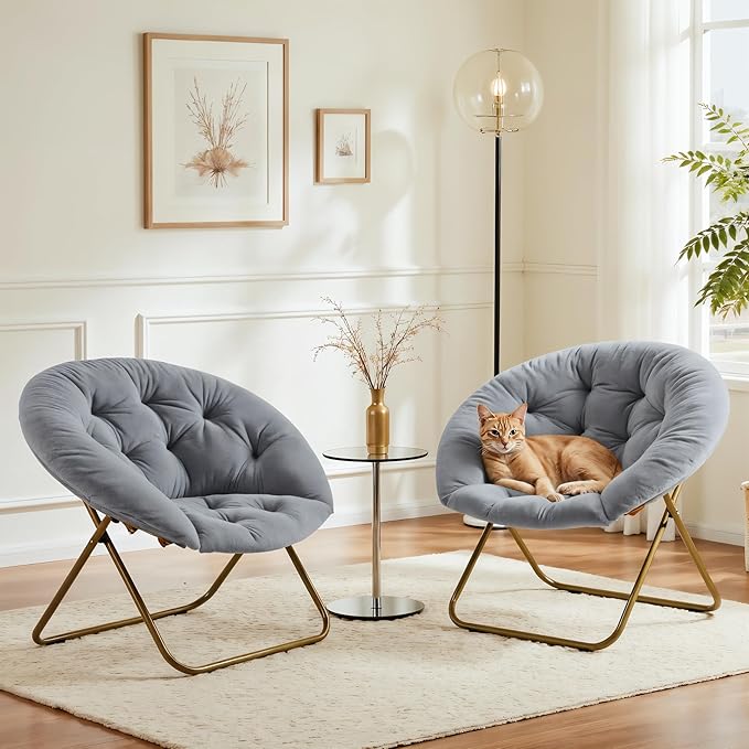 Saucer Chair Comfy Faux Fur Folding Moon Chair with Metal Frame Cozy Round Chair Lounge Lazy Chair for Living Room Bedroom Adults Kids Teens Grey