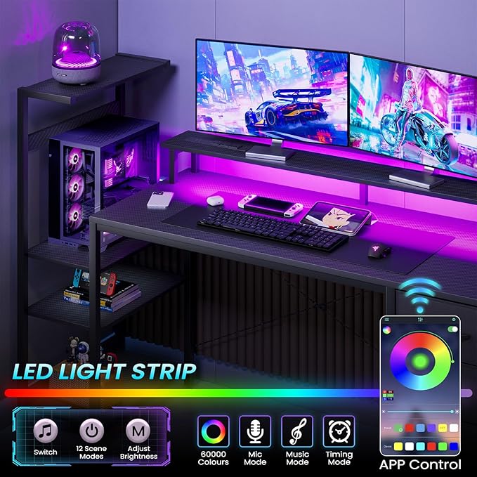 59 Inch Gaming Desk with Power Outlet and LED Lights Computer Desk with 4 Drawers &amp Storage Shelves Reversible Home Office Desk with Monitor Stand for Small Space Bedroom Carbon Fiber Black