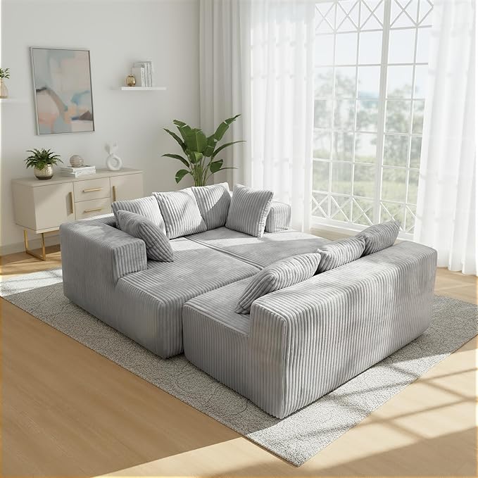 130 Boneless Couch Cloud Couch Sectional Corduroy Sofa for Living Room U Shaped Modular Sofa with Chaise No Assembly 4 Seats Oversized (Grey)