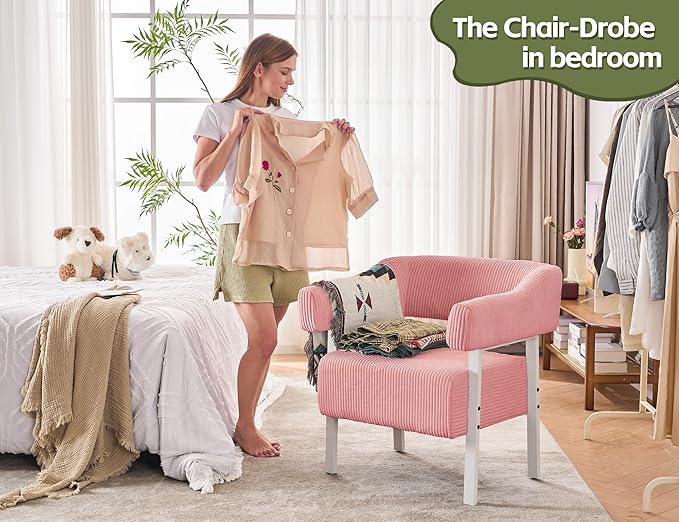 Mistpeople Corduroy Barrel Accent Chair Modern Upholstered Armchair with Metal Legs Cozy Corner Chair for Living Room Bedroom Vanity Office Reading Nook Pink Whiteleg