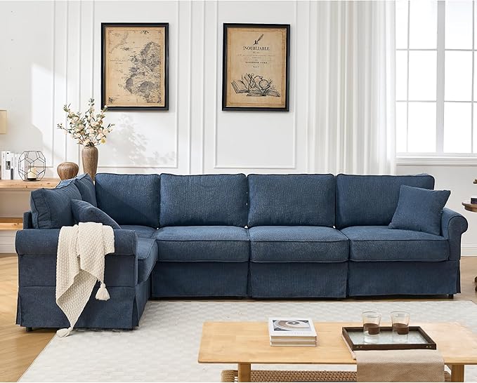 KEIKI 94 L-Shaped Oversized Modular Linen Sectional Sofa with Rolled Arms Cushion Back Modern Style Convertible 5-Seater Corner Couch Easy Assembly for Apartment Living Room Bedroom Dark Blue