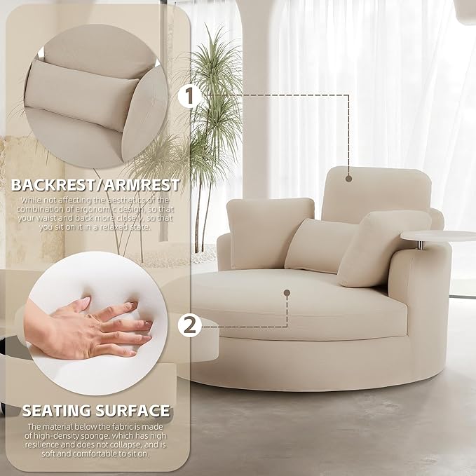 DEINPPA Swivel Accent Chair with Armrest Tray Round Barrel Chairs with Ottoman for Living Room Bedroom-Corduroy Fabric-Beige