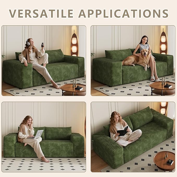 78.8 Loveseat Sofa Boneless Loveseats for Living Room Apartment Size Couch No Assembly Required Corduroy Love Seat for Small Spaces Bedroom Apartment Office Green