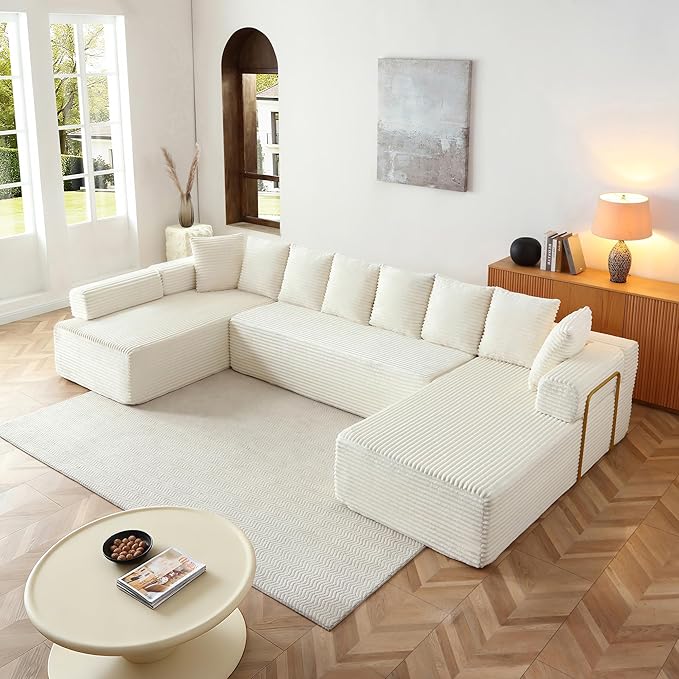 145 inch Modern Sectional Couch for Living Room Oversized Cloud Boneless Couch with Freely Movable Armrest and Fixed-Shape Frame Beige Modular Sofa U Shape Couches | No Assembly Required Free Combi