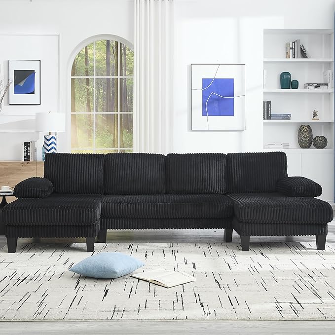 KEIKI 114 U-Shaped Oversized Modular Velvet Sectional Sofa with 2 Chaise Lounge Modern Style Upholstered 4-Seater Couch with Soft Seat Cushions Easy Assembly for Apartment Living Room Black