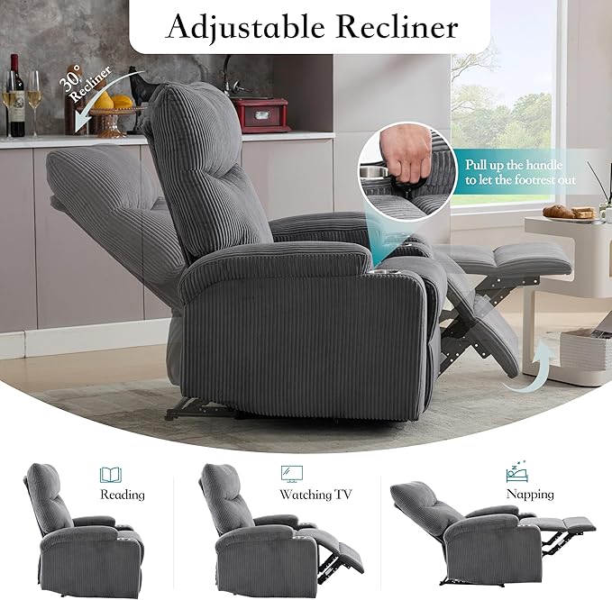 Manual Recliner Chair with Pull Ring 3 Position 140° Reclining Sofa for Living Room Nursery RV and OfficeOversized Recliner Chairs for Adults(Grey Corduroy Fabric)