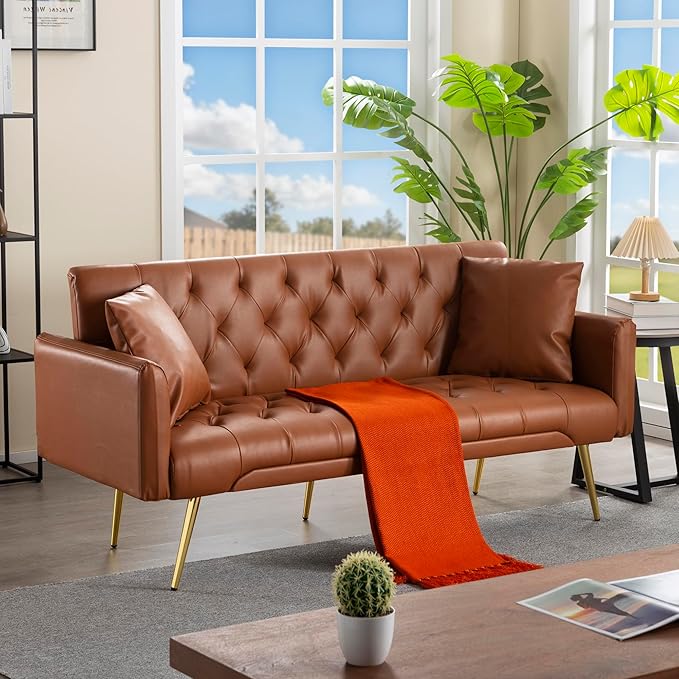 Anwick 72 Modern PU Leather Sofa Bed FutonConvertible Folding Sleeper Bed Couches with 3 Adjustable BackrestsTufted Recliner Loveseat with Golden Chrome Legs for Small Living Room Office (Brown)