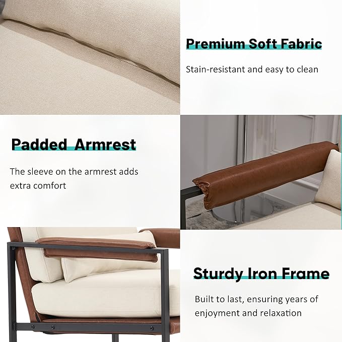 JOYBASE Modern Accent Chair Mid Century Modern Chair Armchair Metal Frame Comfy Reading Chair Lounge Arm Chair for Living Room Bedroom (Beige &amp Brown Linen)