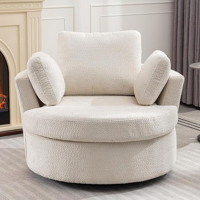 Oversize Round Swivel Chair Cozy Club 360 Degrees Swivel Sofa with 3 Pillows Chenille Fabric for Living Room Lounge Hotel Bedroom 40.2D X 42.1W X 34.3H Inches (Beige)