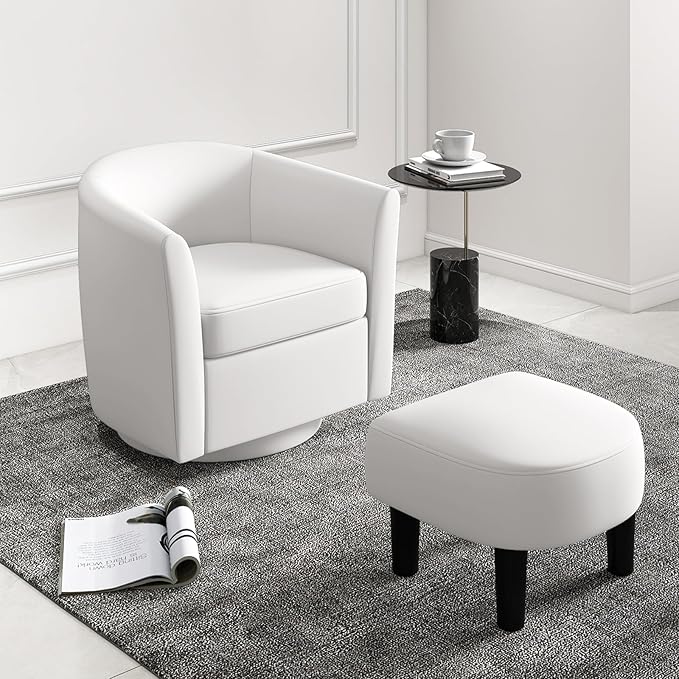 Giantex Swivel Small Accent Chair with Ottoman Modern Barrel Club Chair w/Footrest Curved Backrest &amp Armrests Removable Seat Cushion Swivel Single Sofa Arm Chair for Living Room Bedroom(Cream