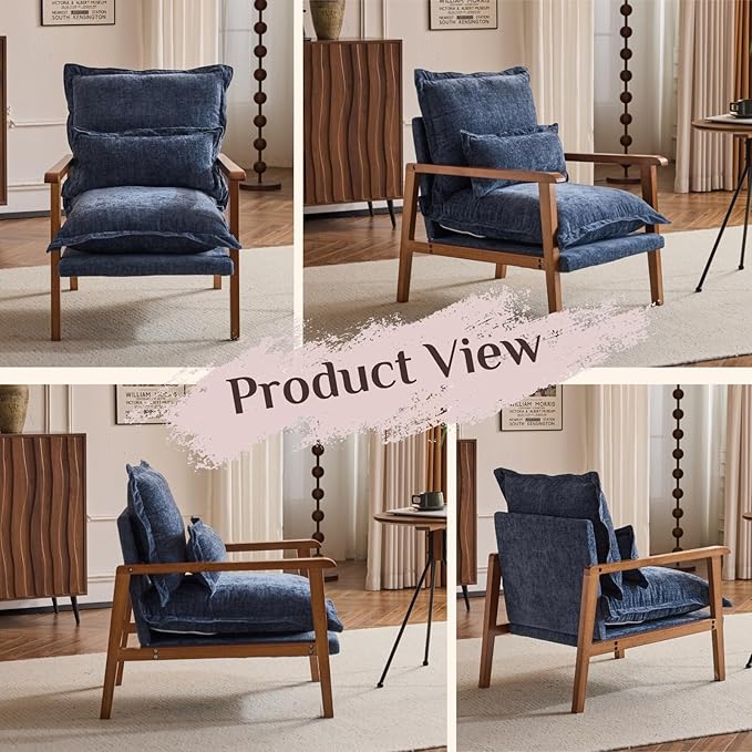 Karl home Midcentury Accent Chair for Living Room Chenille Upholstered Lounge Armchair with Lumbar Pillow Ruffle-Designed Cozy Reading Chair with Wood Legs Dusty Blue