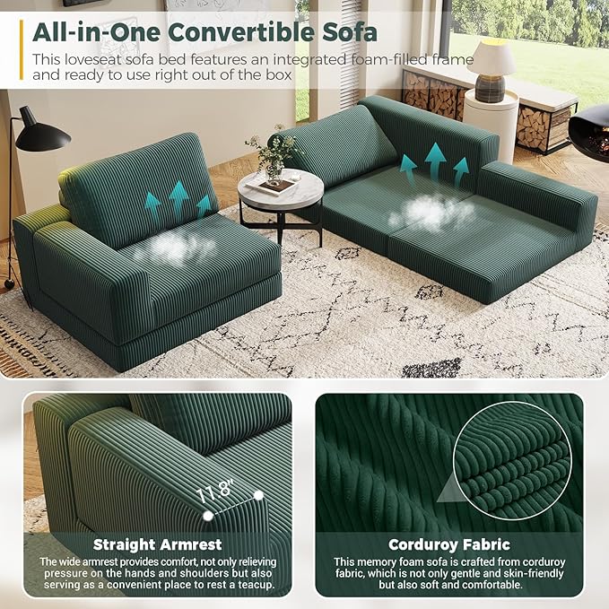 78 Convertible Loveseat Sofa Comfort Corduroy Futon Sofa Bed Wide Armrest Deep Seat No Assembly Folding Sofa Bed for Living Room/Home Office/Apartment (Green Loveseat)