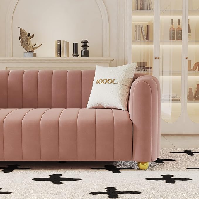Mid-Century Modern Sofa for Living Room 84 Pink Luxury Velvet Loveseat Sofa Couch Sectional Love Seat Sofa Couch with Gold Legs Upholstered Sofa for Apartment Bedroom Home Office