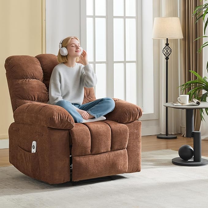 Oversized Massage Recliner Chair for Adult Recliner Chairs with Massage&ampHeatingExtra Wide Manual Recliners Upholstery Overstuffed Soft Sofa Chair for Living Room and BedroomBrown