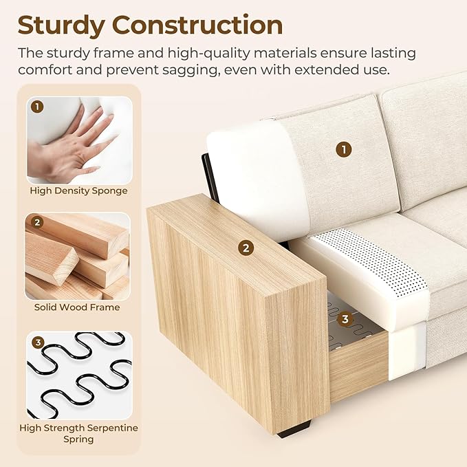 99 Sectional Sleeper Sofa Couch Chenille Convertible Chaise 3 Seats L-Shaped Sofa with 110L Storage Deep SeatWide Armrest USB Type-C ChargingRemovable Covers for Living Room Apartments Beige