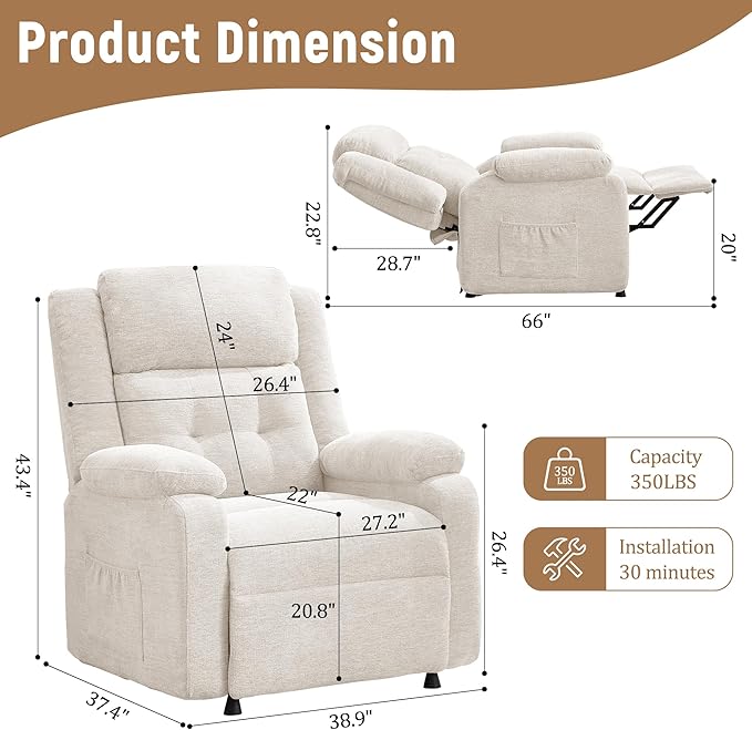 Power Recliner Chair for Adults Oversized Electric Recliner with Thickened Cushions Chenille Fabric Reclining Chair for Living Room Bedroom Beige