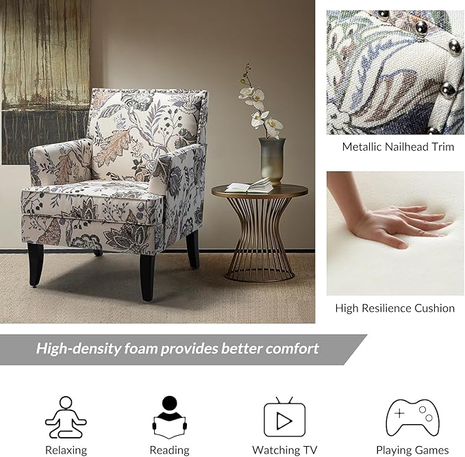 HULALA HOME Modern Accent Chair for Living Room Upholstered Fabric Single Sofa Chair Wingback Armchair with Wooden Legs for Bedroom Office Reading or Waiting Room Orange Grey Floral