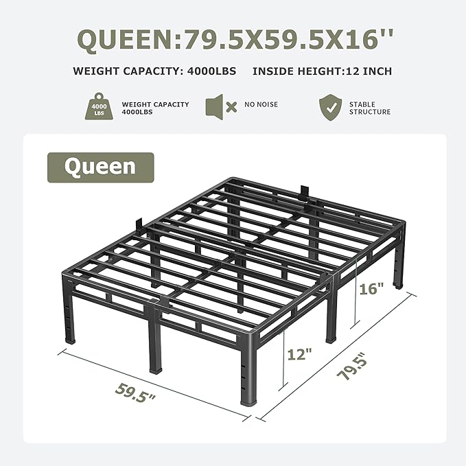 NKZ Queen Size Bed Frame 16 Inch Metal Bed Frame &amp Box Spring 2 in 1 Platform with Round Corner Legs 4000lbs Weight Capacity Reinforced Metal Frame Headboard Hole Noise-Free Easy Assembly