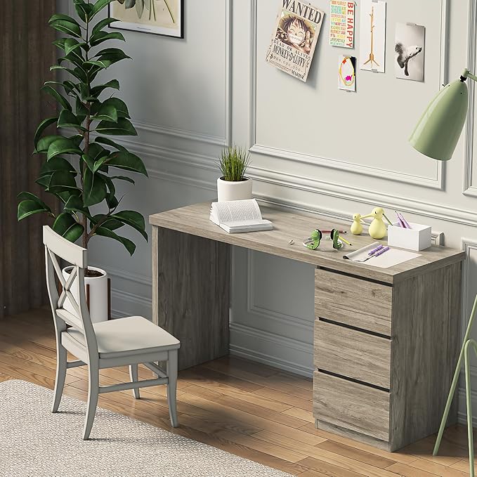 furtble Computer Desk with Drawers 53.5 inches Wood Work Desk Home Office Desk Workstation with Storage Farmhouse Computer Table for Bedroom Living Room Grey Oak