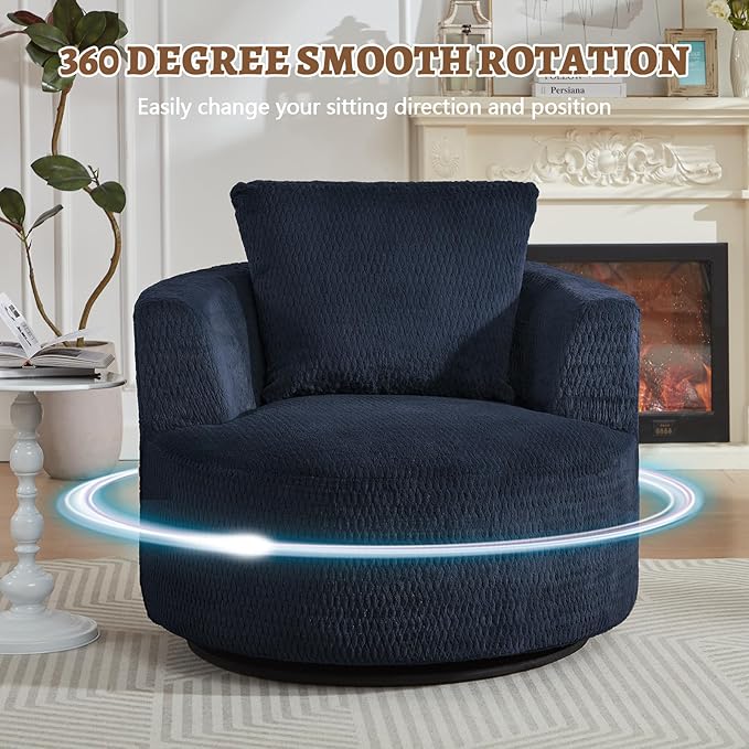 39.4 Wide Swivel Accent Chair Modern 360° Rotating Barrel Chair with Metal Base Club Single Sofa Chenille Armchair for Living Room Bedroom Reading Room Office (Dark Blue)