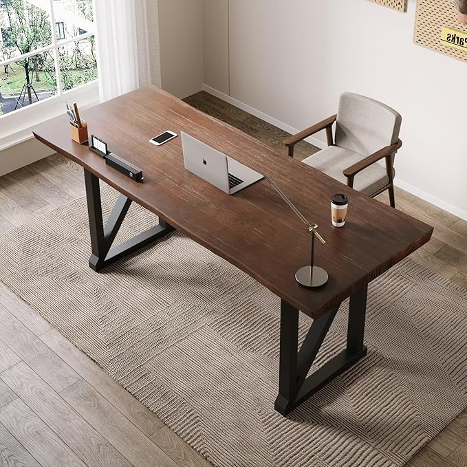 Solid Wood Desk 47 Inch Heavy Duty Business Desk Home Office DeskOffice Furniture Butcher Block Studio Desk Rustic Brown Desk （Table Thickness:1.96 inches）